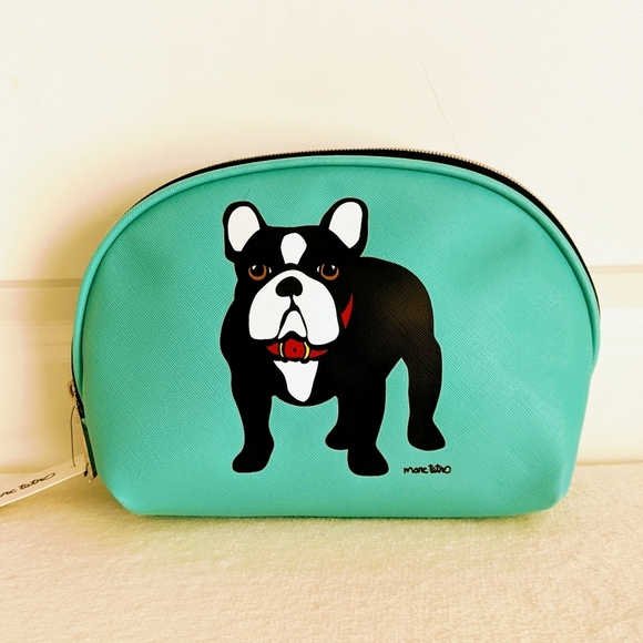 marc tetro Frenchie Large Cosmetic Case Pouch Bag PVC Saffiano Aqua NWT - Picture 2 of 12